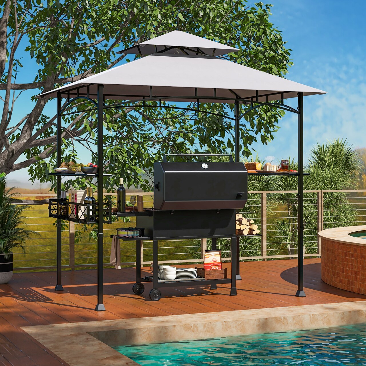 8x5 Ft Outdoor Grill Gazebo with Shelves, Hooks & Storage Basket